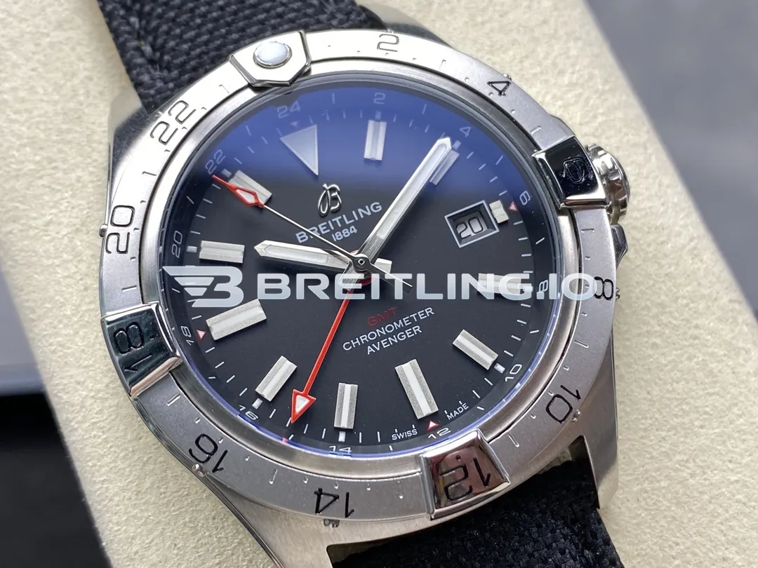 Breitling Avenger II GMT A32320101B1X1 44mm Black Dial Unidirectional Ratchet Bezel Black Fabric Strap Replica Dial Detail 1