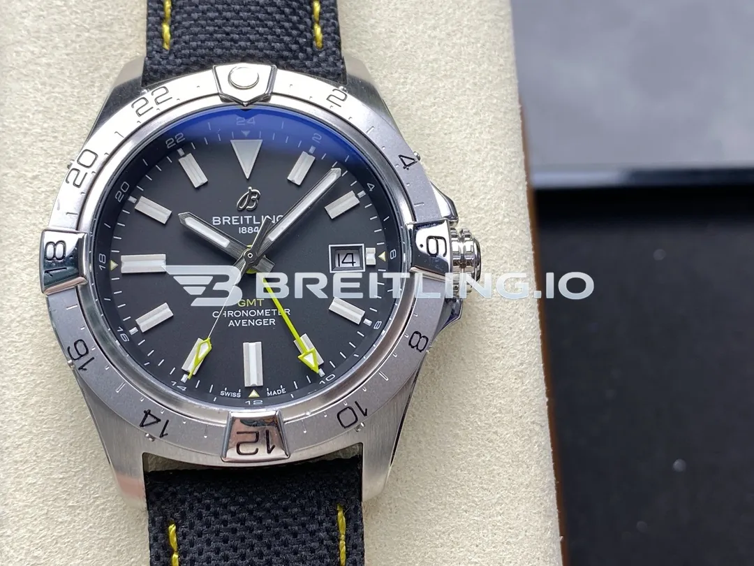 Breitling Avenger II GMT A323201A1B1X1 44mm Black Dial Unidirectional Ratchet Bezel Black Fabric Strap Replica Front View