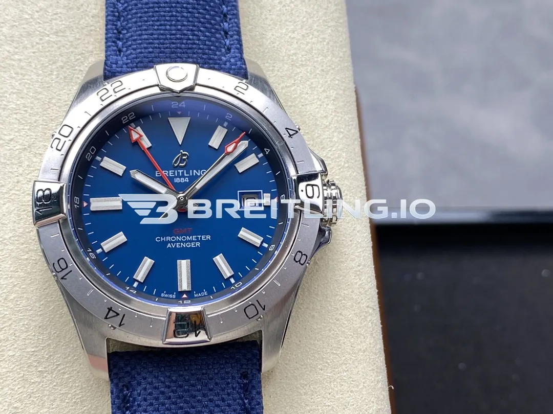 Breitling Avenger II GMT A32320101C1X1 41mm Blue Dial Brushed Stainless Steel Bezel Blue Fabric Strap Replica Front View