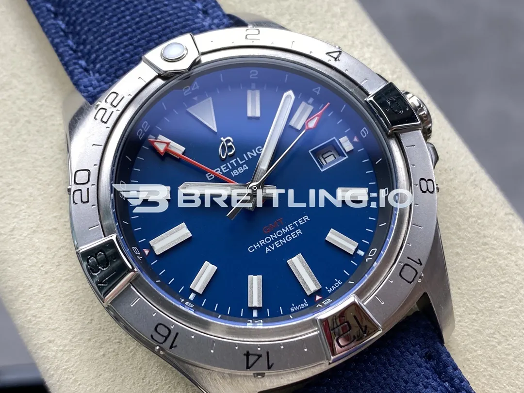 Breitling Avenger II GMT A32320101C1X1 41mm Blue Dial Brushed Stainless Steel Bezel Blue Fabric Strap Replica Dial Detail 1
