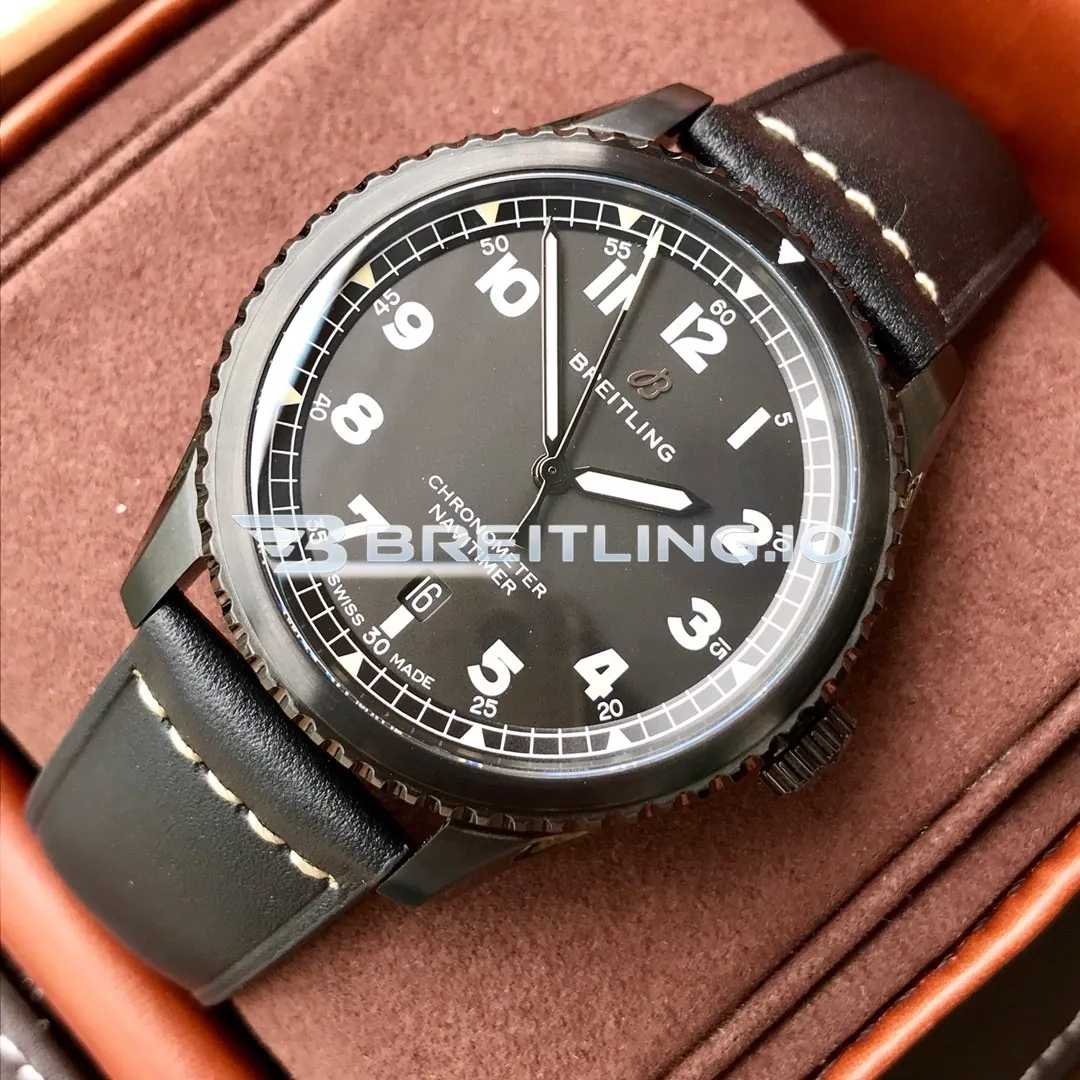 Breitling Navitimer M17314101B1X1 41mm Black Dial DLC Coated Black Steel Case Black Leather Strap Replica Front View