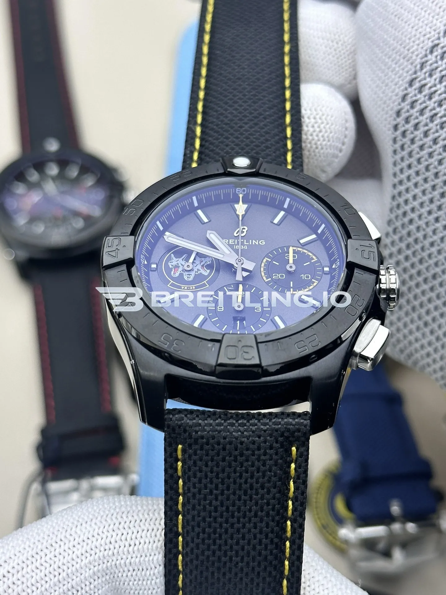 Breitling Avenger B01 Chronograph 44 Night Mission SB01472A1B1X1 Dark Grey Dial Black Ceramic Case Black Fabric Strap Replica Dial Detail