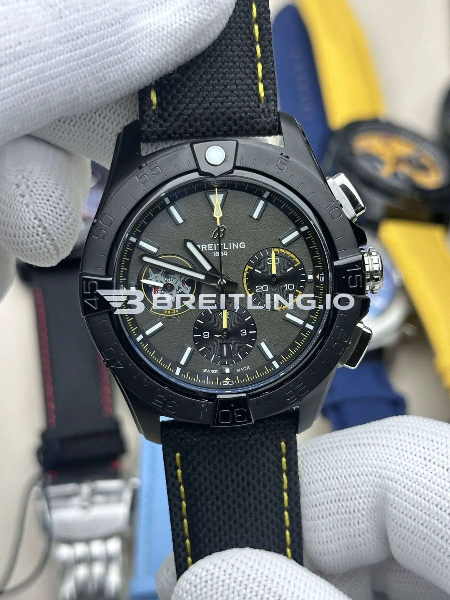 Breitling Avenger B01 Chronograph 44 Night Mission SB01472A1B1X1 Dark Grey Dial Black Ceramic Case Black Fabric Strap Replica Front View