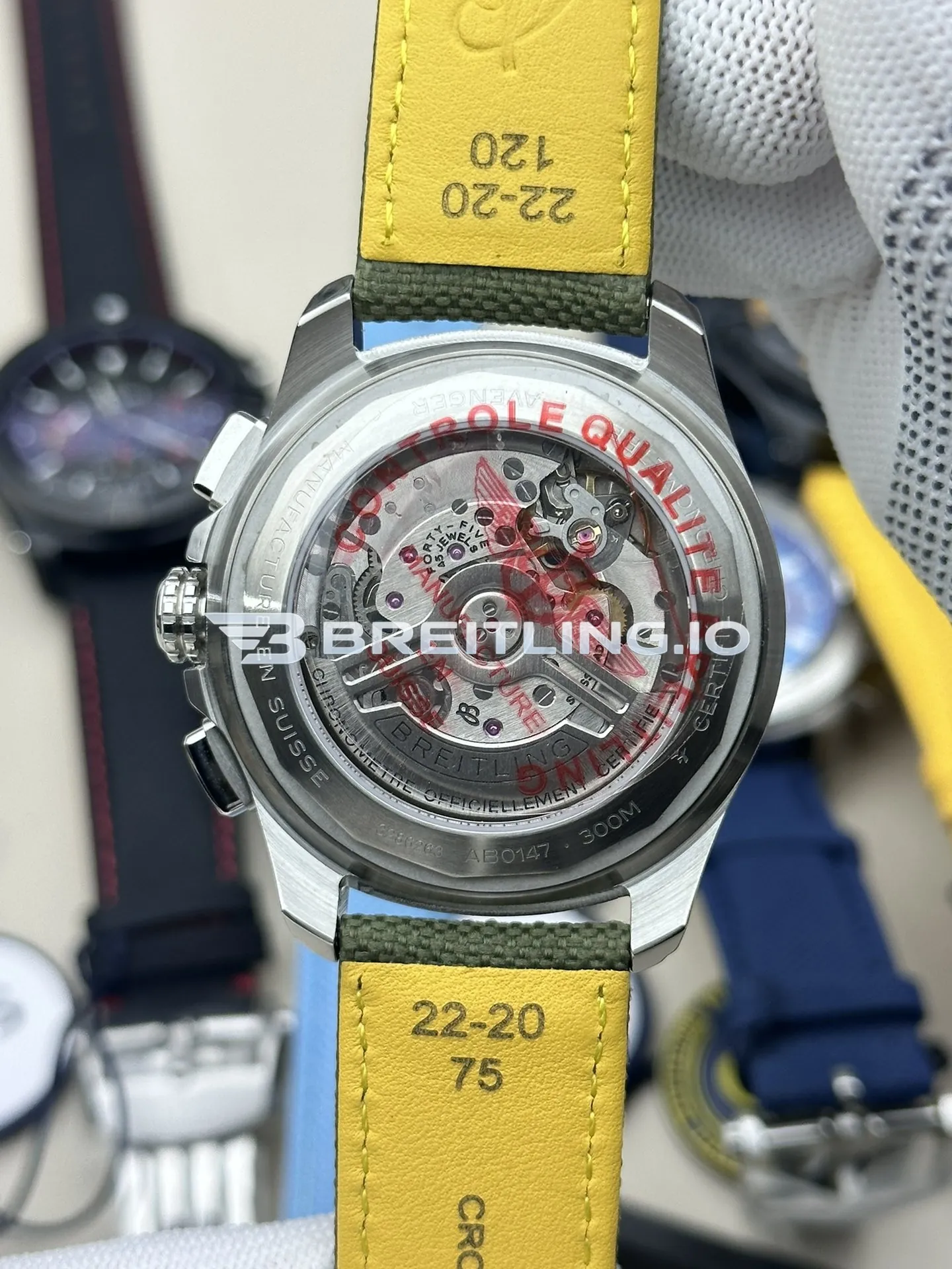 Breitling Avenger Chronograph 44 AB0147101L1X1 Green Dial Brushed Stainless Steel Bezel Army Green Fabric Strap Replica Back View 2