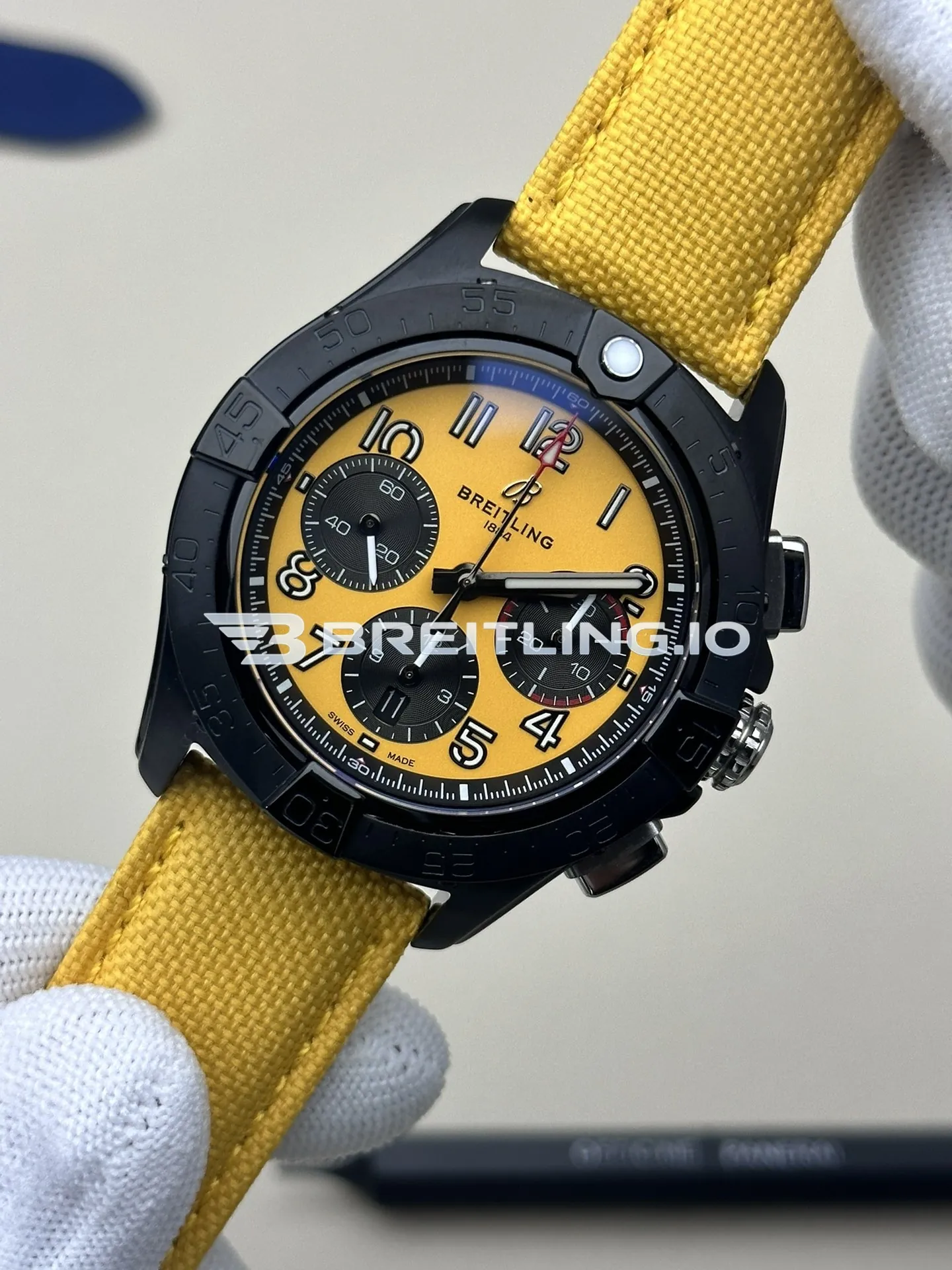 Breitling Avenger B01 Chronograph 44 Night Mission SB0147101I1X1 Bright Yellow Dial Black DLC Coated Stainless Steel Case Replica Side View 2