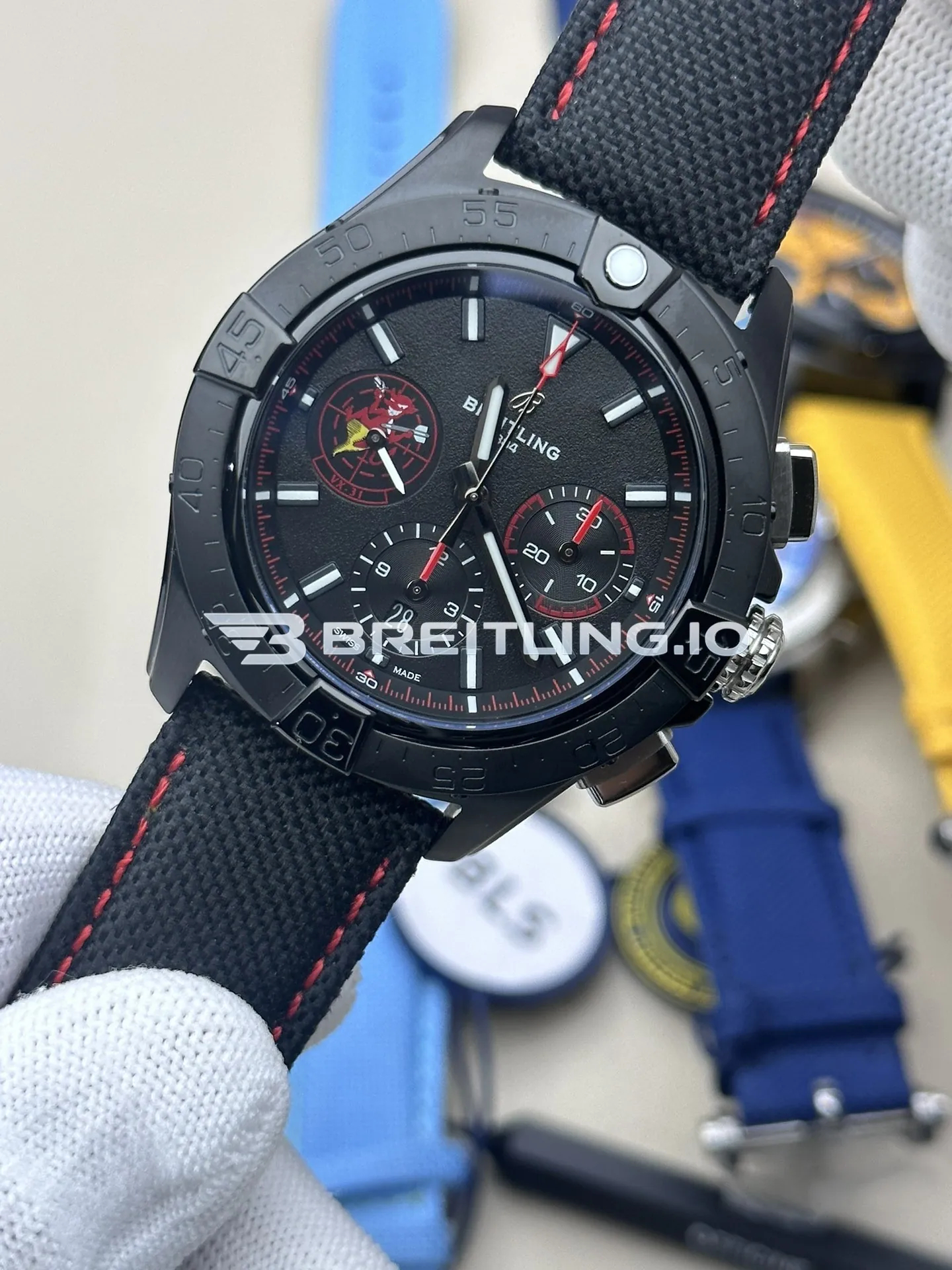Breitling Avenger B01 Chronograph 44 Night Mission Dust Devils SB01473A1B1X1 Black Dial Black Ceramic Case Black Fabric Strap Replica Side View 2