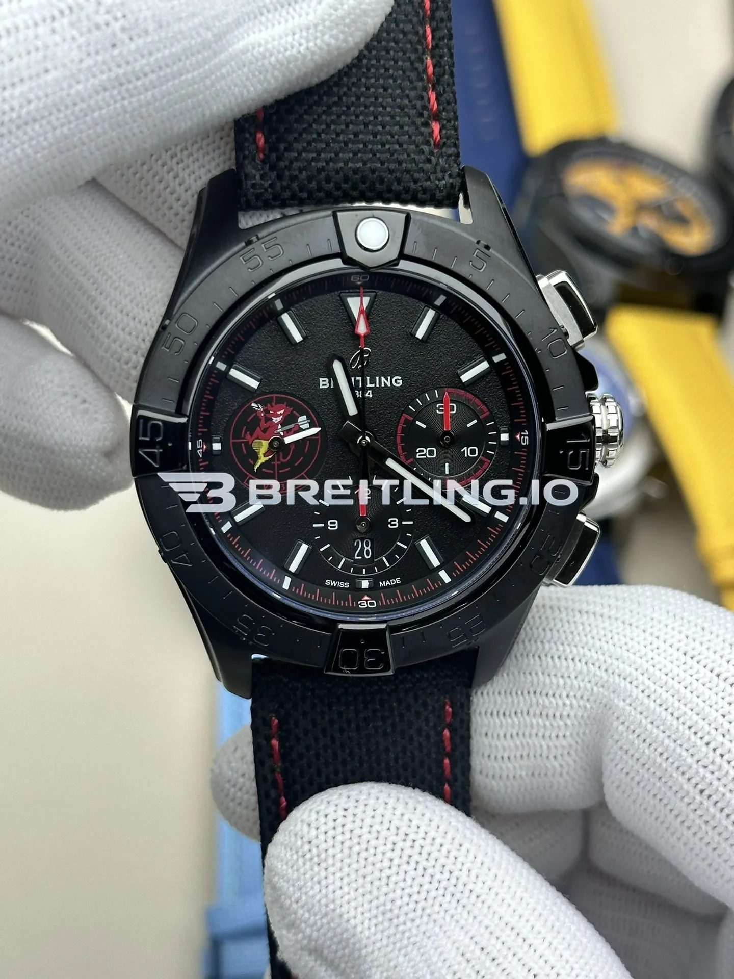 Breitling Avenger B01 Chronograph 44 Night Mission Dust Devils SB01473A1B1X1 Black Dial Black Ceramic Case Black Fabric Strap Replica Front View