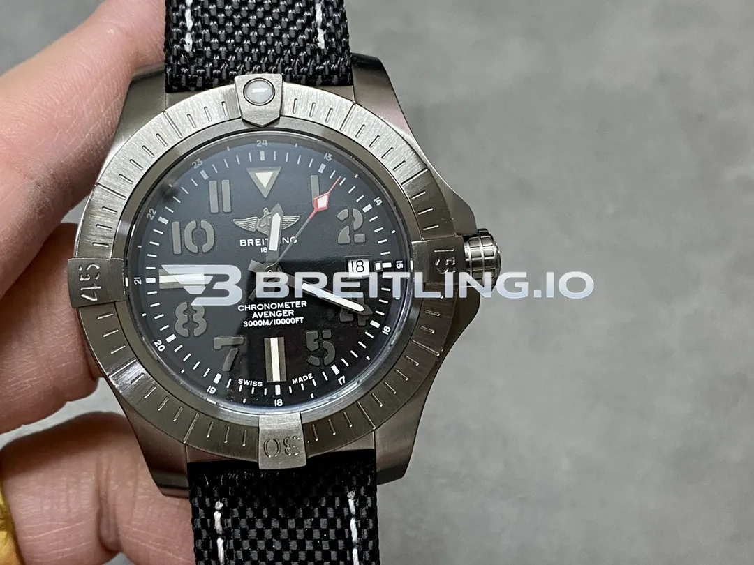 Breitling Avenger Automatic 45 Seawolf V17319101B1X1 Black Dial DLC Coated Titanium Case Black Fabric Strap Replica Front View