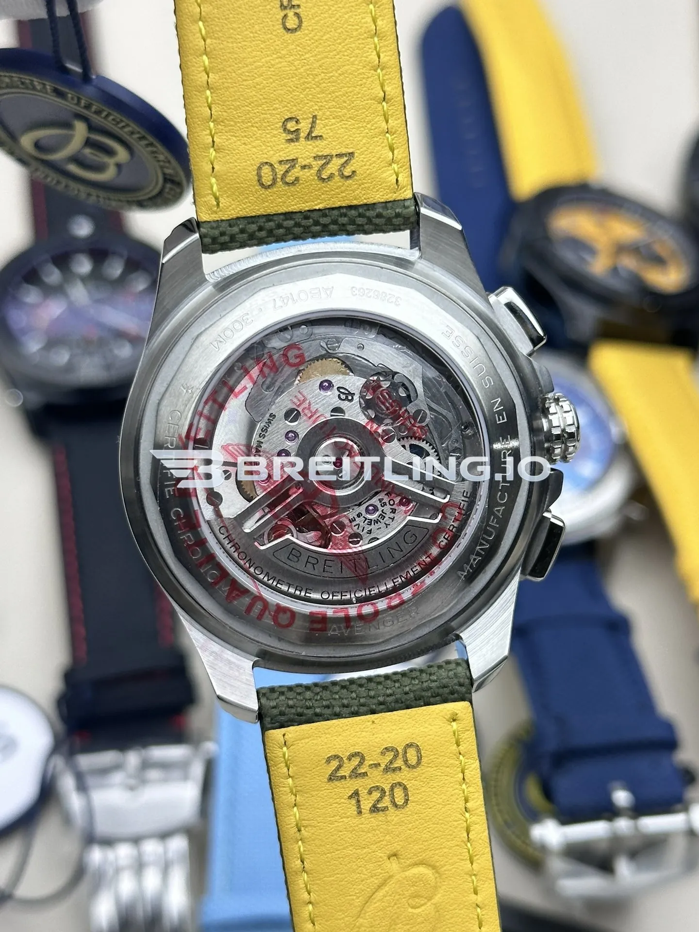 Breitling Avenger Chronograph 44 AB0147101L1X1 Green Dial Brushed Stainless Steel Bezel Army Green Fabric Strap Replica Back View 1