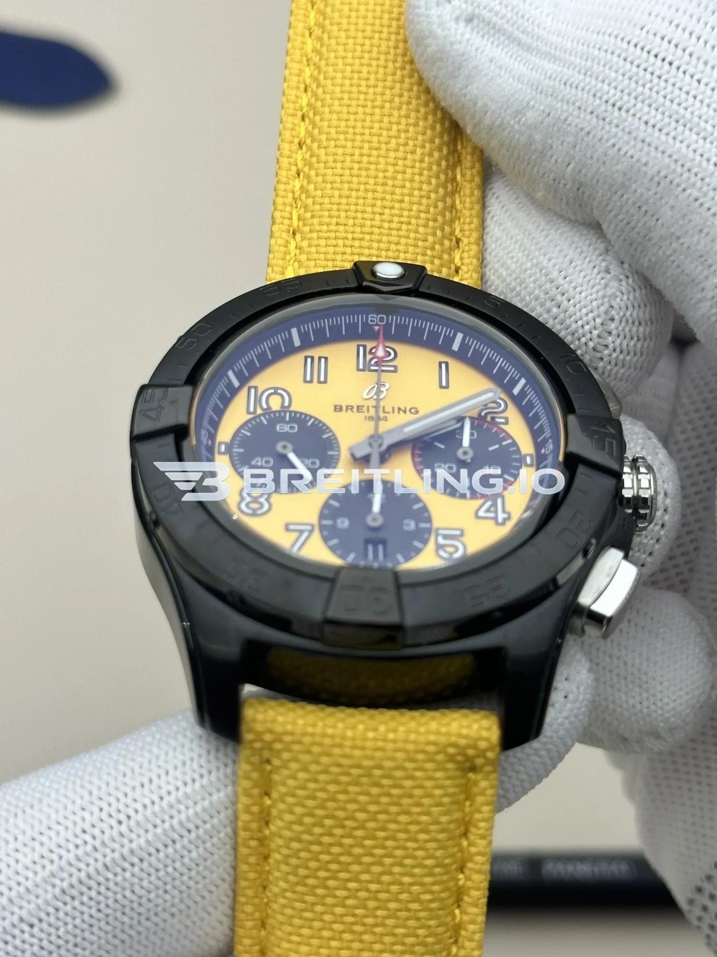 Breitling Avenger B01 Chronograph 44 Night Mission SB0147101I1X1 Bright Yellow Dial Black DLC Coated Stainless Steel Case Replica Dial Detail