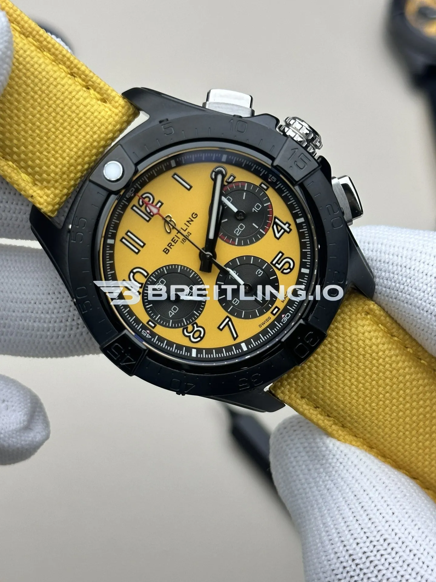 Breitling Avenger B01 Chronograph 44 Night Mission SB0147101I1X1 Bright Yellow Dial Black DLC Coated Stainless Steel Case Replica Side View 1