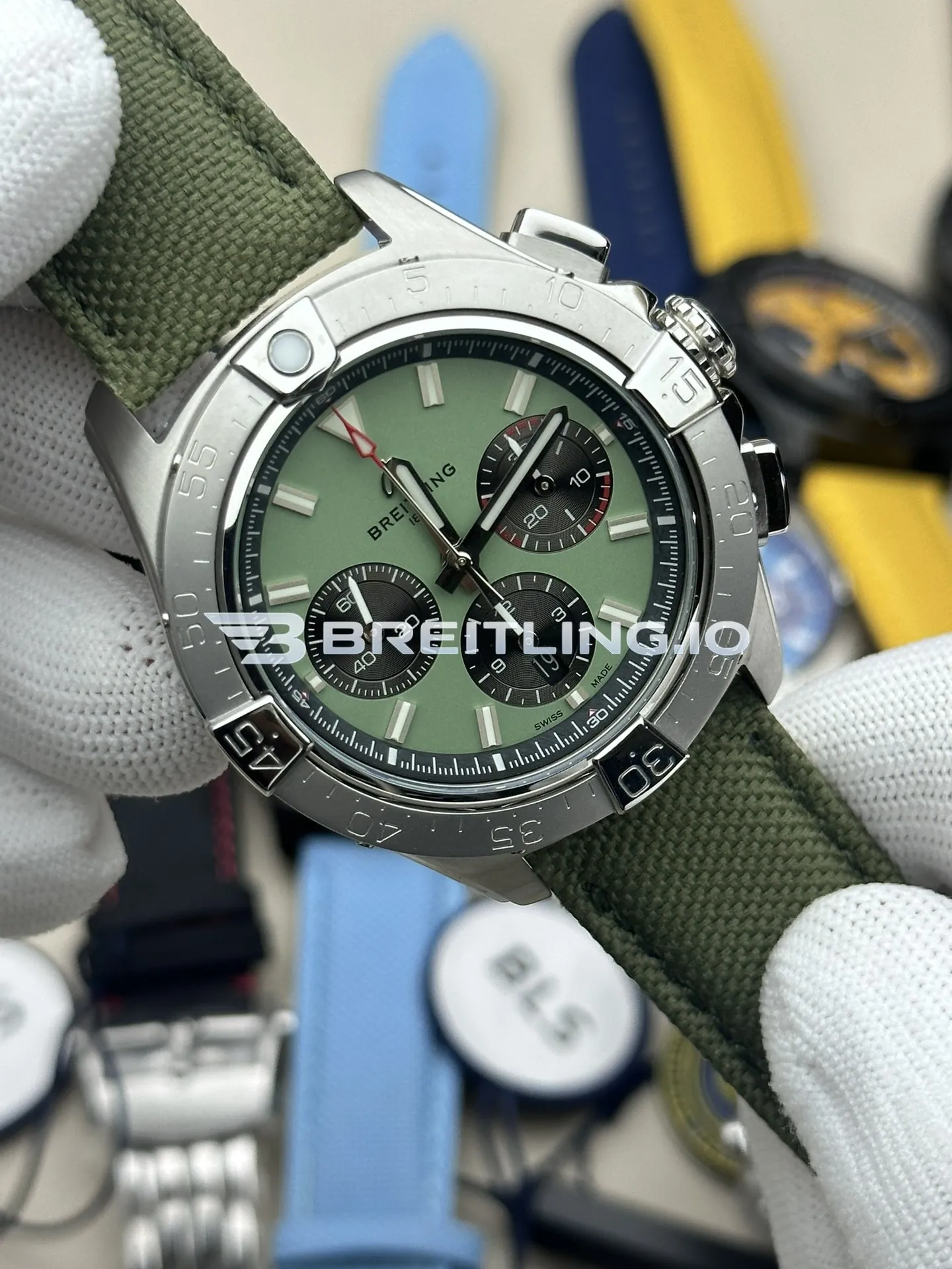 Breitling Avenger Chronograph 44 AB0147101L1X1 Green Dial Brushed Stainless Steel Bezel Army Green Fabric Strap Replica Side View 1