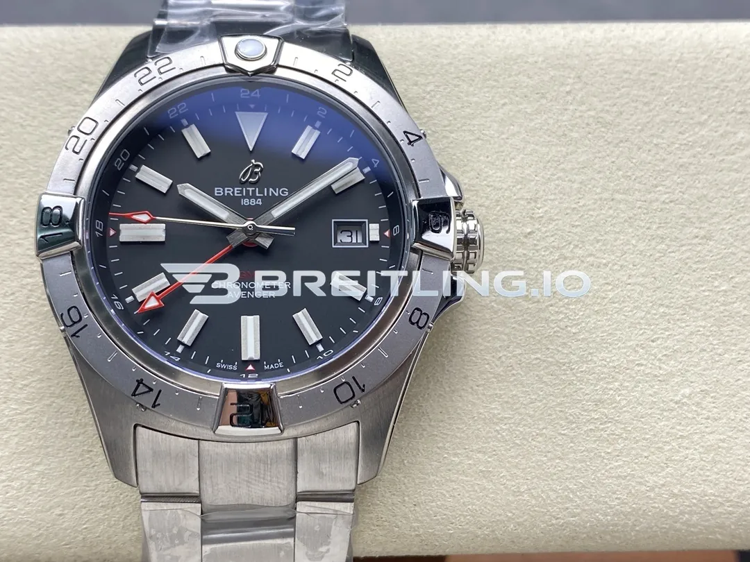 Breitling Avenger II GMT 44 A32320101B1A1 Black Dial Brushed Satin Stainless Steel Case Replica Front View