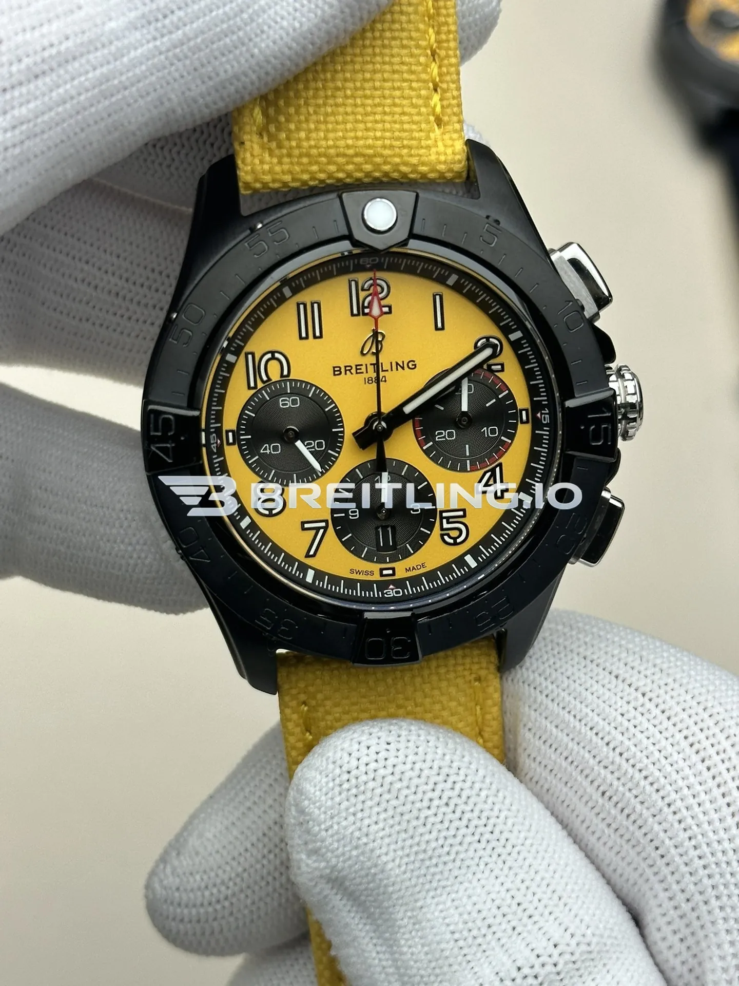 Breitling Avenger B01 Chronograph 44 Night Mission SB0147101I1X1 Bright Yellow Dial Black DLC Coated Stainless Steel Case Replica Front View