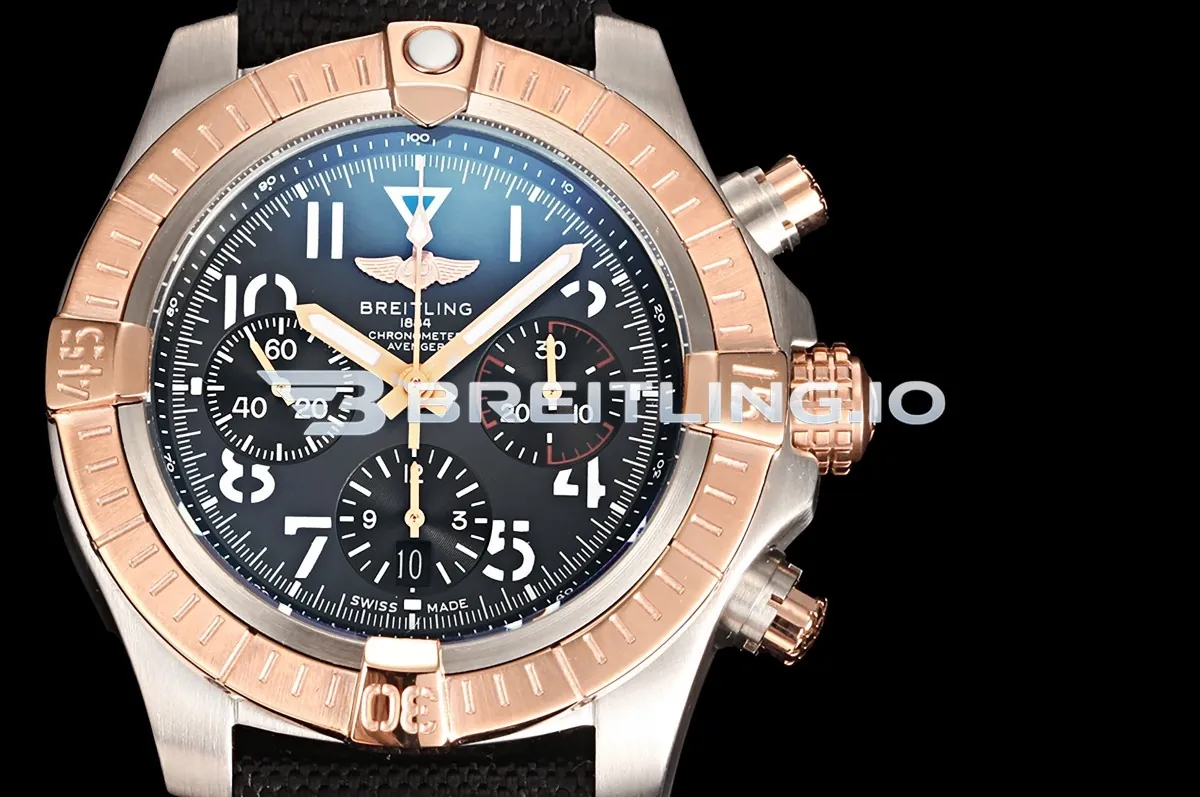 Breitling Avenger B01 Chronograph 45 UB01821A1B1X1 Carbon Black Dial Two-Tone Rose Gold Stainless Steel Bezel Replica Side View