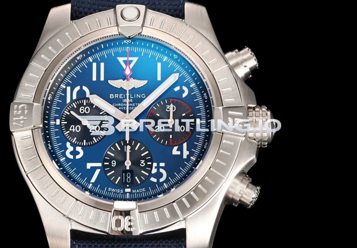 Breitling Avenger B01 Chronograph 45 AB01821A1C1X1 Bright Blue Dial Brushed Stainless Steel Bezel Replica Side View 1