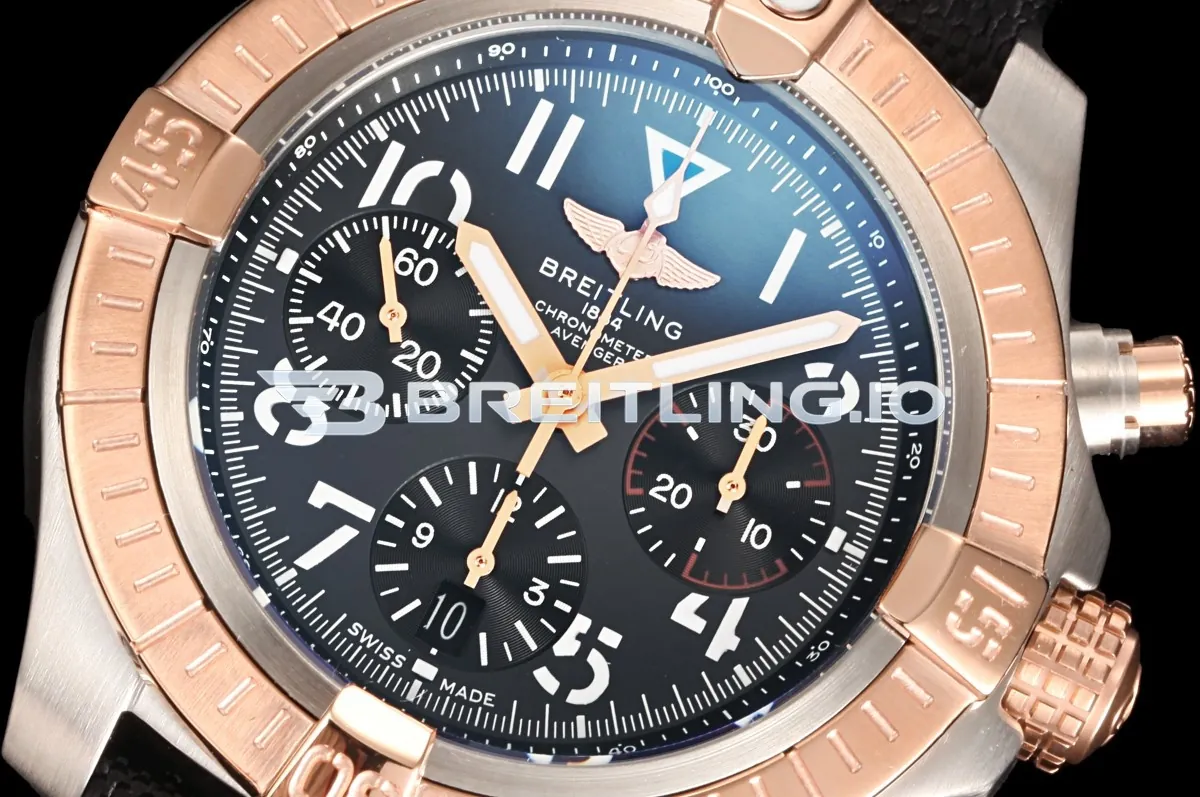 Breitling Avenger B01 Chronograph 45 UB01821A1B1X1 Carbon Black Dial Two-Tone Rose Gold Stainless Steel Bezel Replica Dial Detail 1