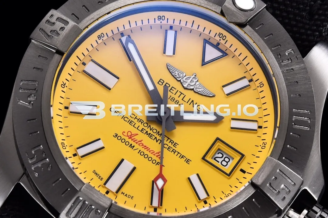 Breitling Avenger II Seawolf 45 M17331E2I530101W Bright Yellow Dial Brushed Stainless Steel Black Coated Bezel Replica Dial Detail 1