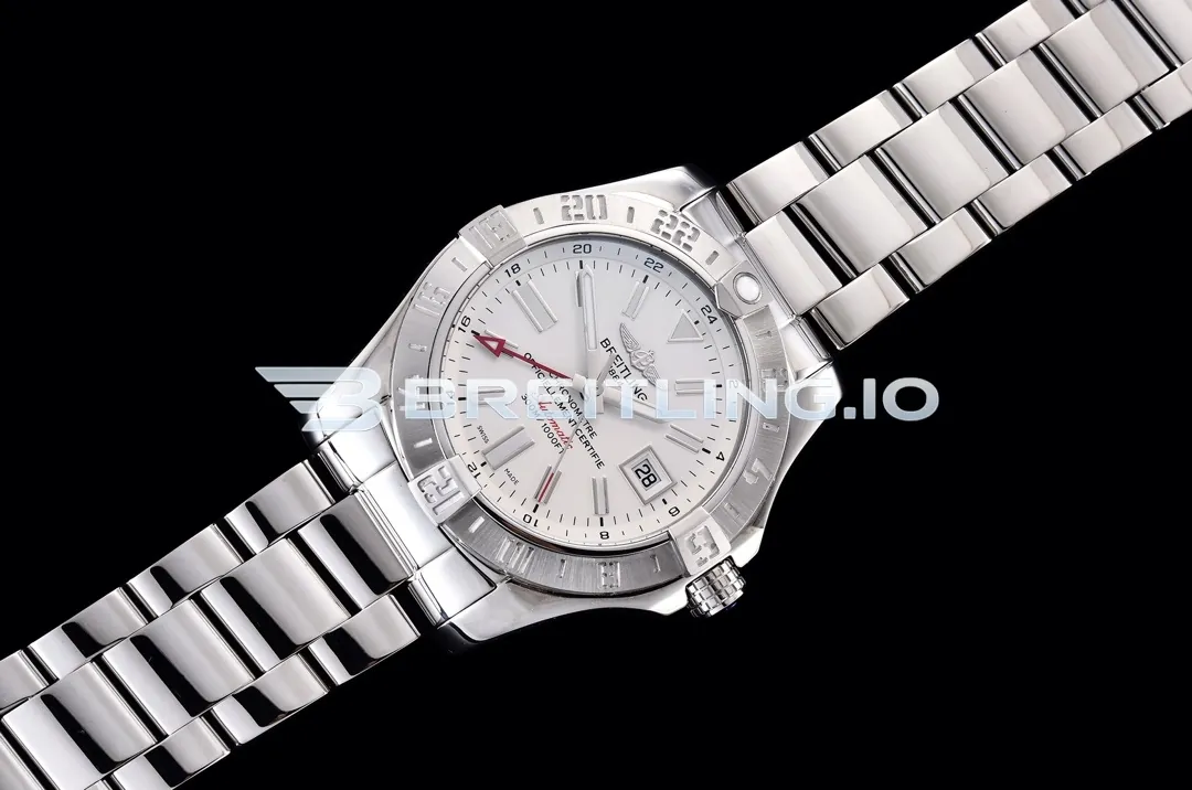 Breitling Avenger II GMT A3239011G778173A 43mm Silver White Sunburst Dial Polished Brushed Stainless Steel Bezel Replica Side View
