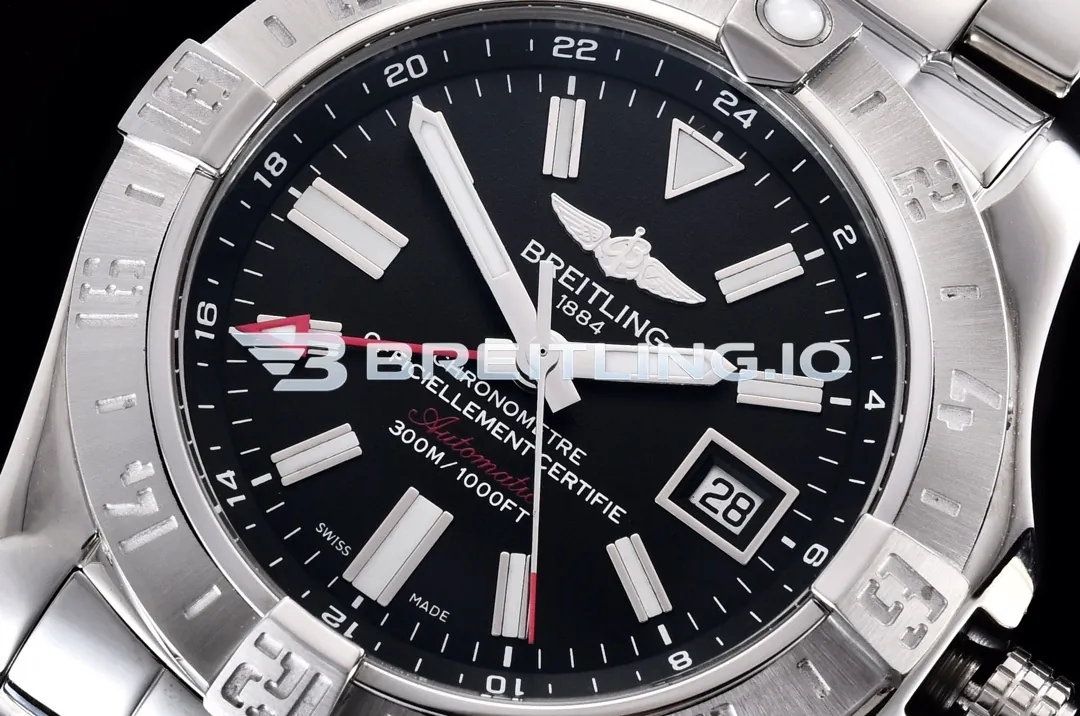 Breitling Avenger II GMT A32390111B1A1 43mm Matte Black Sunburst Dial Polished Brushed Stainless Steel Bezel Replica Dial Detail 1