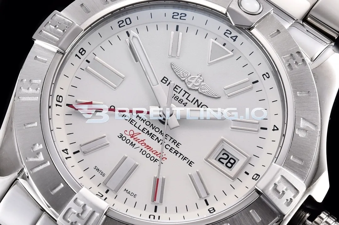 Breitling Avenger II GMT A3239011G778173A 43mm Silver White Sunburst Dial Polished Brushed Stainless Steel Bezel Replica Dial Detail 1