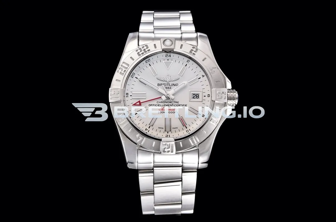 Breitling Avenger II GMT A3239011G778173A 43mm Silver White Sunburst Dial Polished Brushed Stainless Steel Bezel Replica Front View