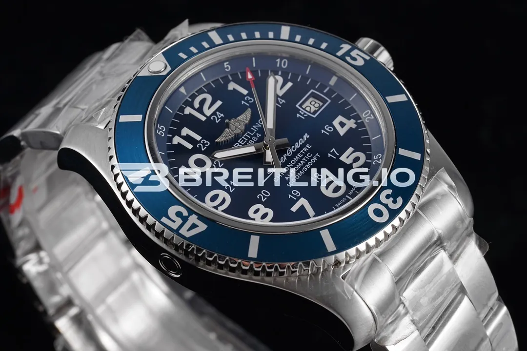 Breitling Superocean II A17365D11C1A1 44mm Deep Blue Sunburst Dial Polished Brushed Stainless Steel Blue Ceramic Bezel Replica Dial Detail 1