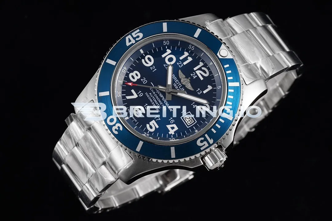 Breitling Superocean II A17365D11C1A1 44mm Deep Blue Sunburst Dial Polished Brushed Stainless Steel Blue Ceramic Bezel Replica Side View