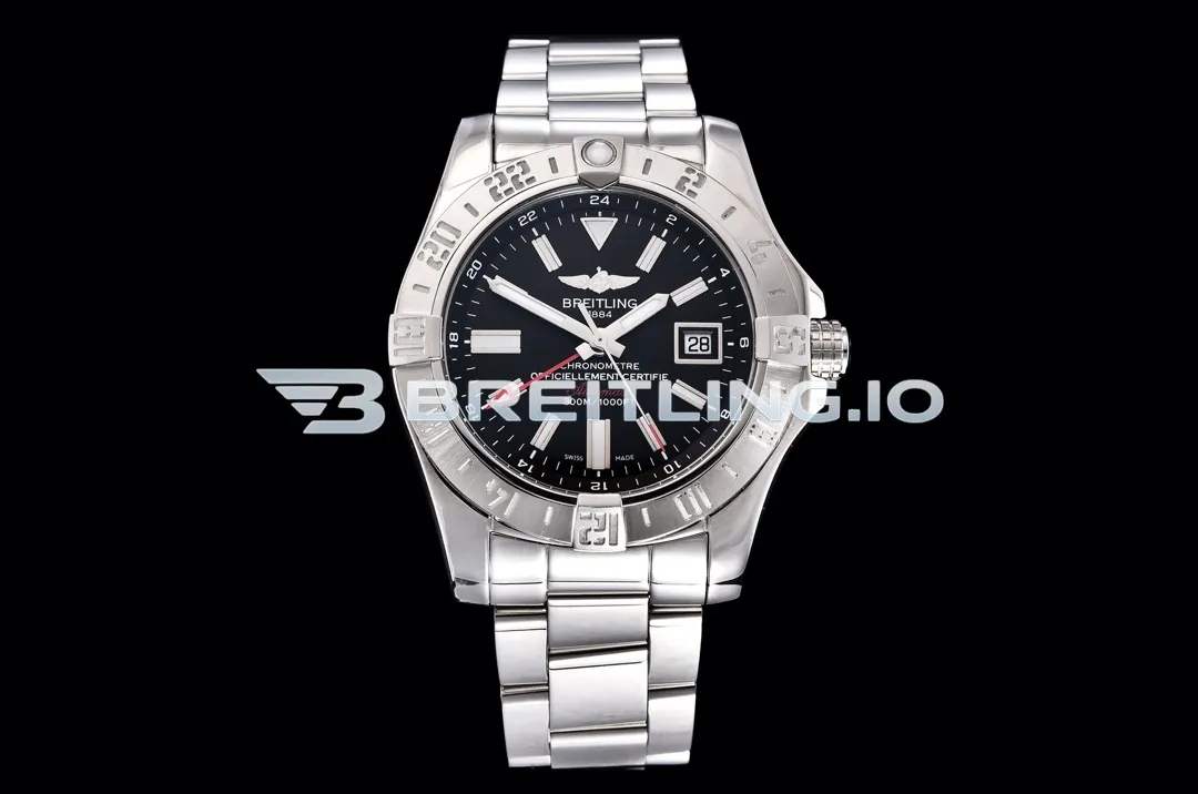 Breitling Avenger II GMT A32390111B1A1 43mm Matte Black Sunburst Dial Polished Brushed Stainless Steel Bezel Replica Front View