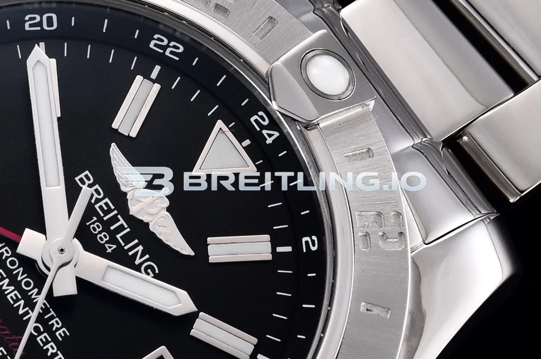 Breitling Avenger II GMT A32390111B1A1 43mm Matte Black Sunburst Dial Polished Brushed Stainless Steel Bezel Replica Dial Detail 2