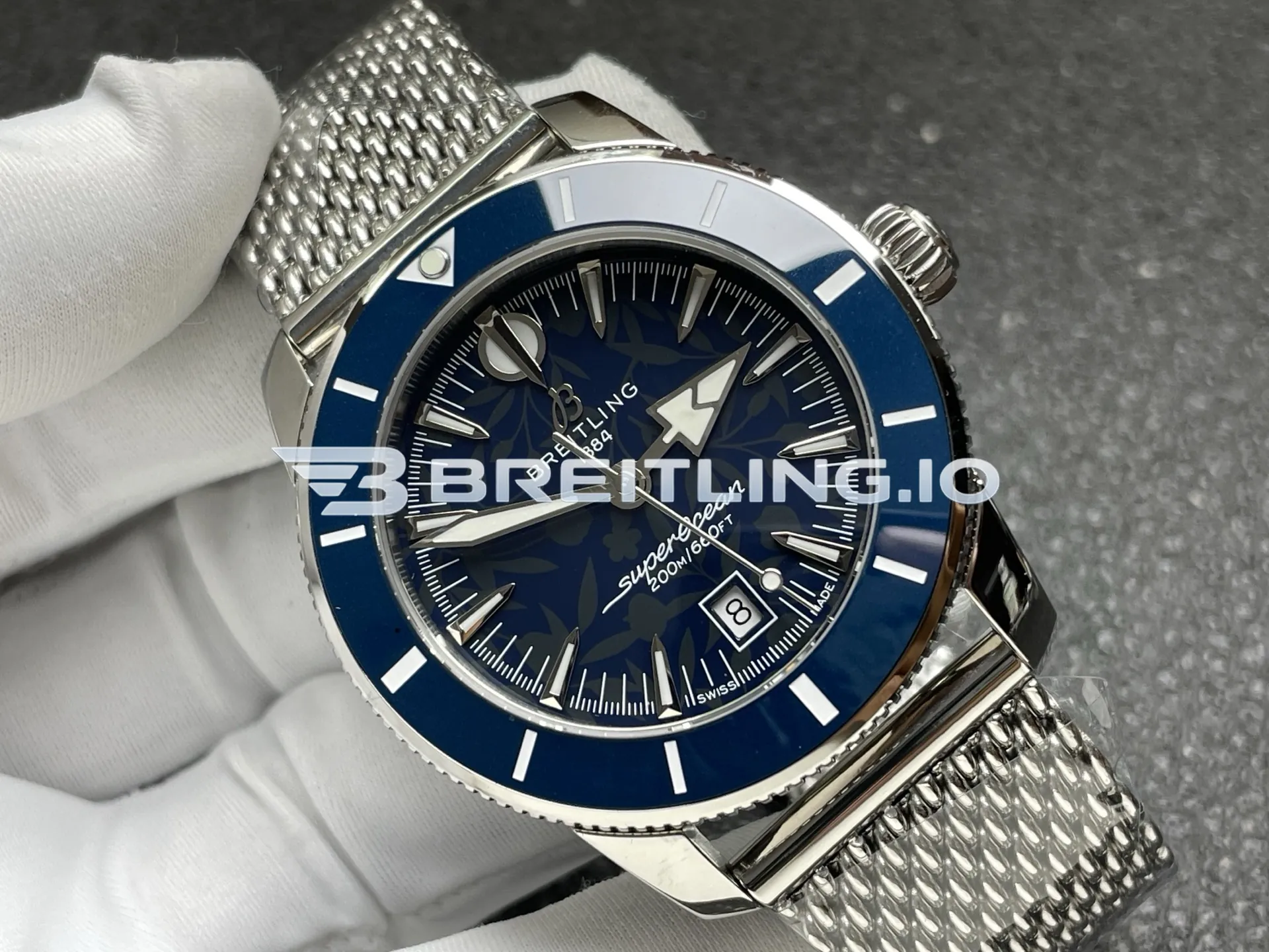 Breitling Superocean Heritage A10390161C1A1 36mm Dark Blue Dial Polished Stainless Steel Blue Ceramic Bezel Milanese Mesh Replica Side View 1