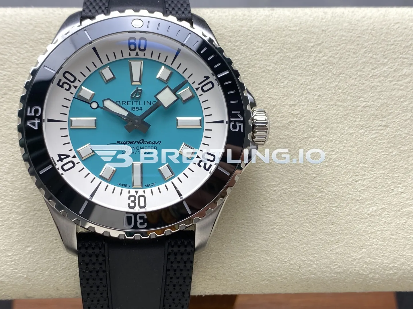 Breitling Superocean A17376211L2S1 44mm Turquoise Sunburst Dial White Inner Minute Track Black Ceramic Bezel Replica Front View
