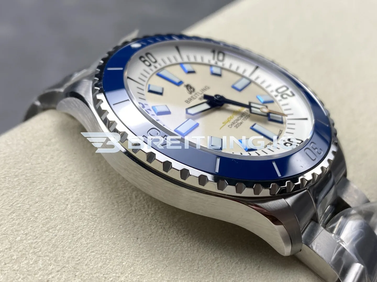 Breitling Superocean A17375E71G1A1 42mm Cream White Dial Blue Border Luminous Indices Blue Ceramic Bezel Replica Left View