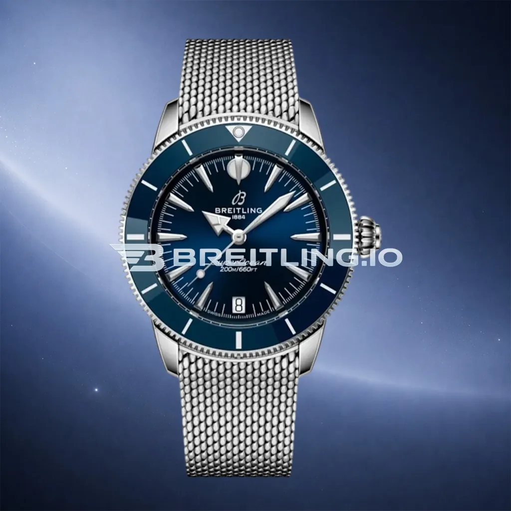 Breitling Superocean Heritage A10390161C1A1 36mm Dark Blue Dial Polished Stainless Steel Blue Ceramic Bezel Milanese Mesh Replica First Image