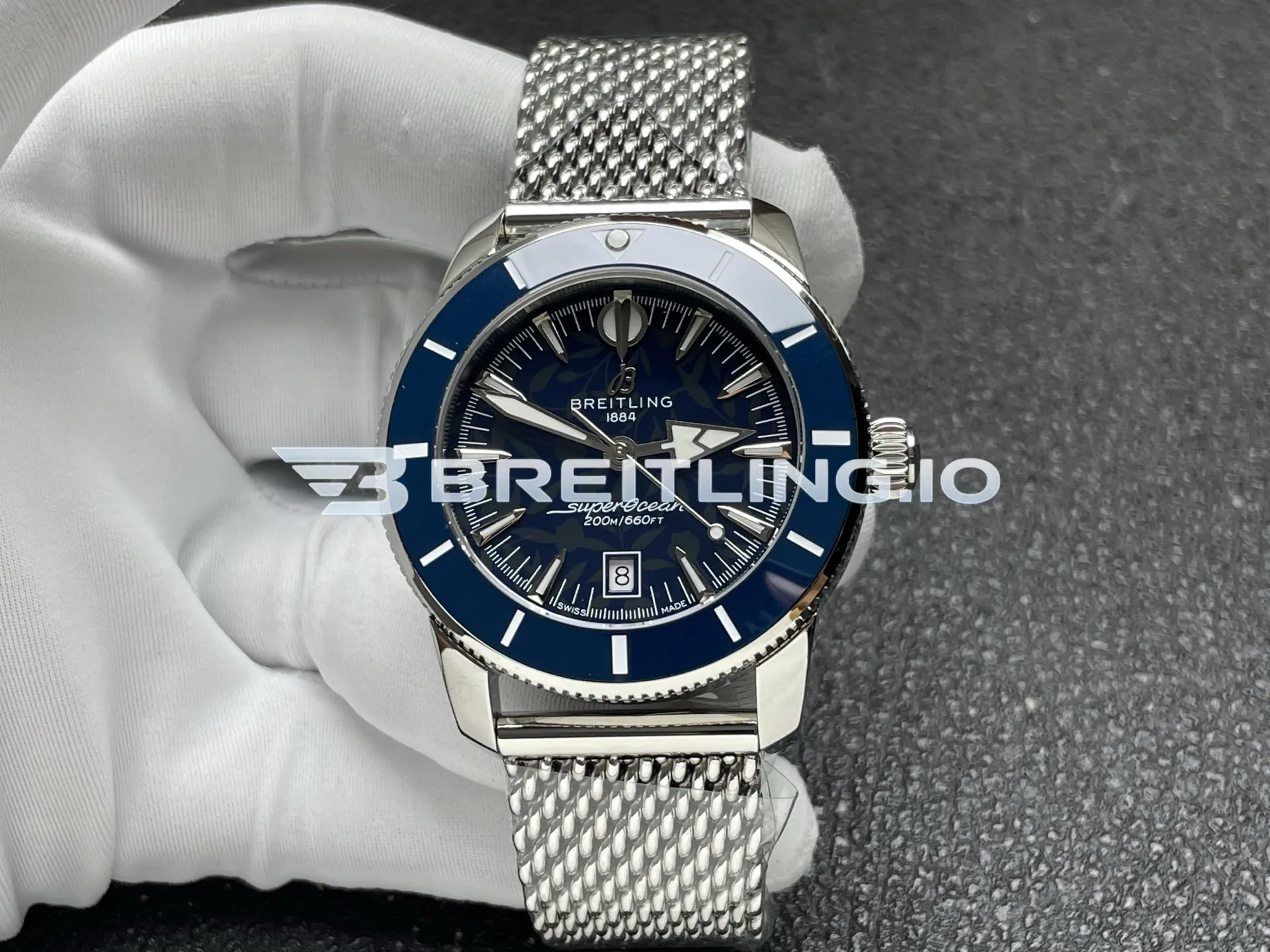 Breitling Superocean Heritage A10390161C1A1 36mm Dark Blue Dial Polished Stainless Steel Blue Ceramic Bezel Milanese Mesh Replica Front View