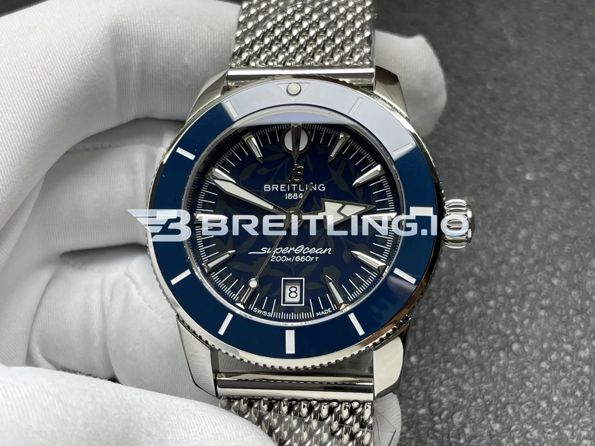 Breitling Superocean Heritage A10390161C1A1 36mm Dark Blue Dial Polished Stainless Steel Blue Ceramic Bezel Milanese Mesh Replica Dial Detail