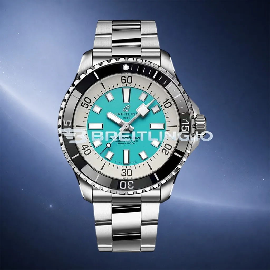 Breitling Superocean A17376211L2A1 44mm Turquoise Sunburst Dial White Inner Minute Track Black Ceramic Bezel Replica First Image