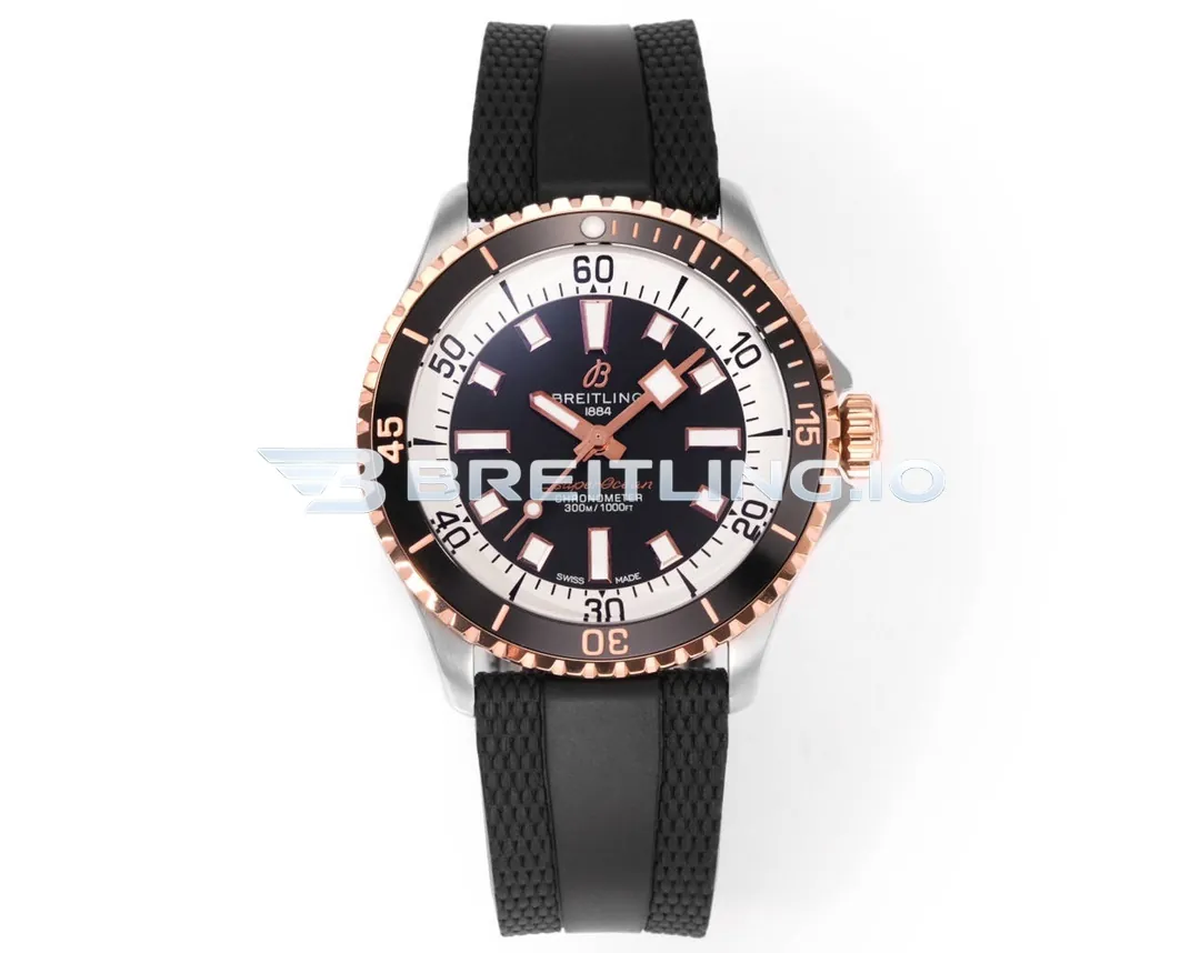Breitling Superocean U17375211B1S1 42mm Matte Black Sunburst Dial White Inner Minute Track 18K Rose Gold Bezel Replica Front View