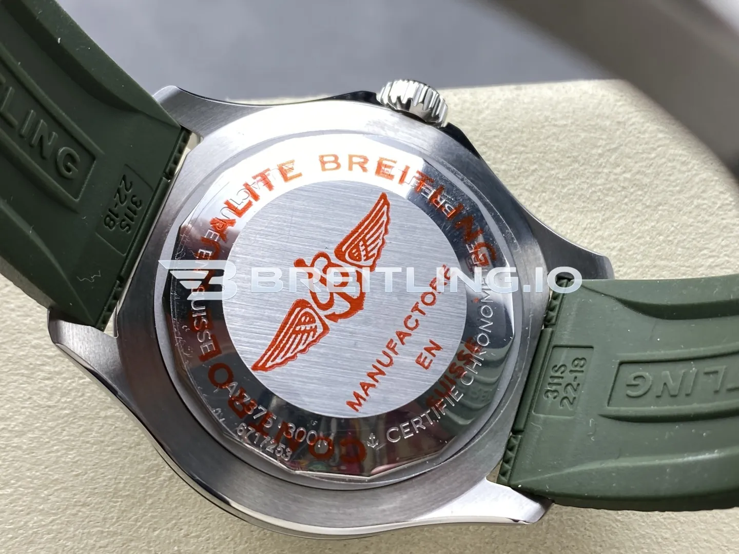 Breitling Superocean A17376A31L1S1 44mm Military Green Sunburst Dial White Inner Minute Track Green Ceramic Bezel Replica Back View
