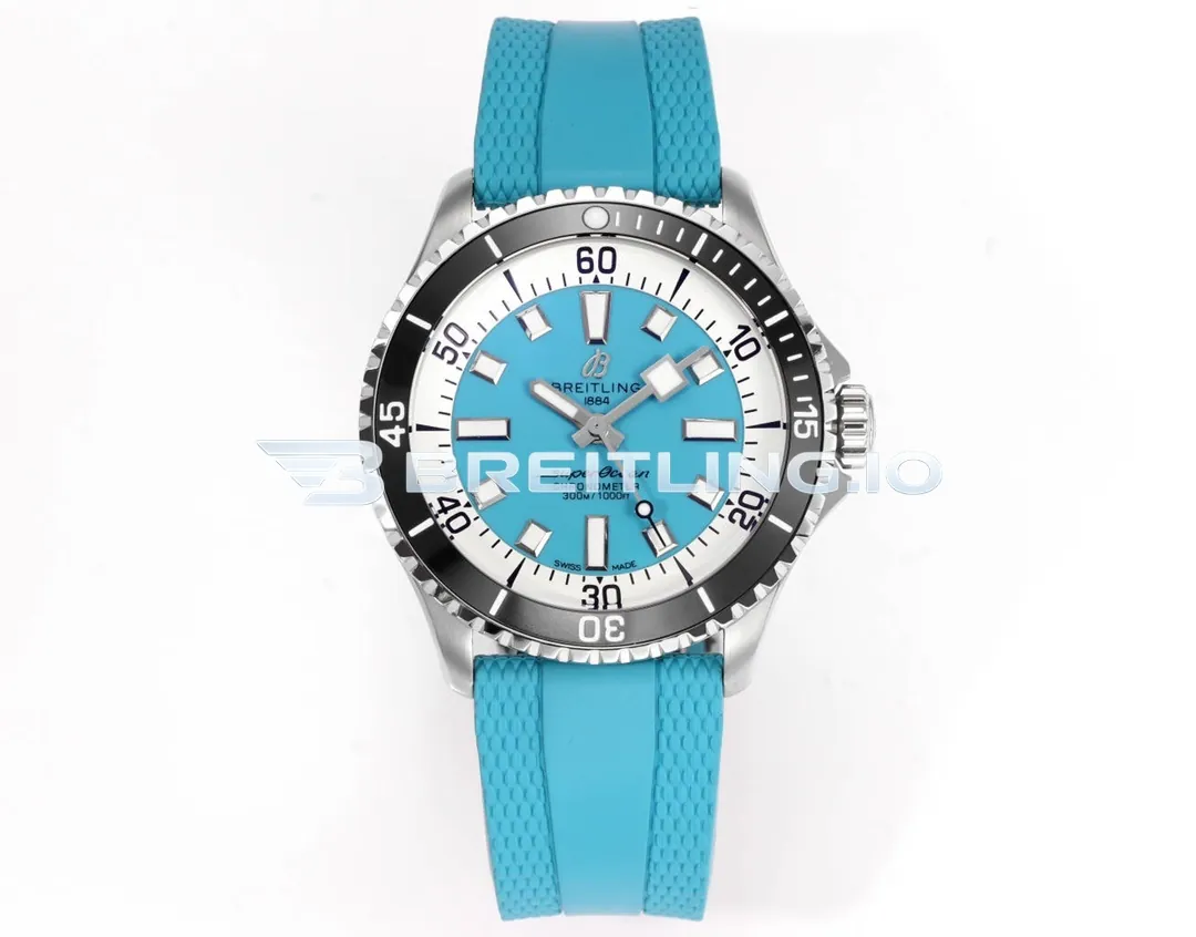 Breitling Superocean A17376211L2S2 44mm Bright Sky Blue Dial White Inner Minute Track Gloss Black Ceramic Bezel Replica Front View