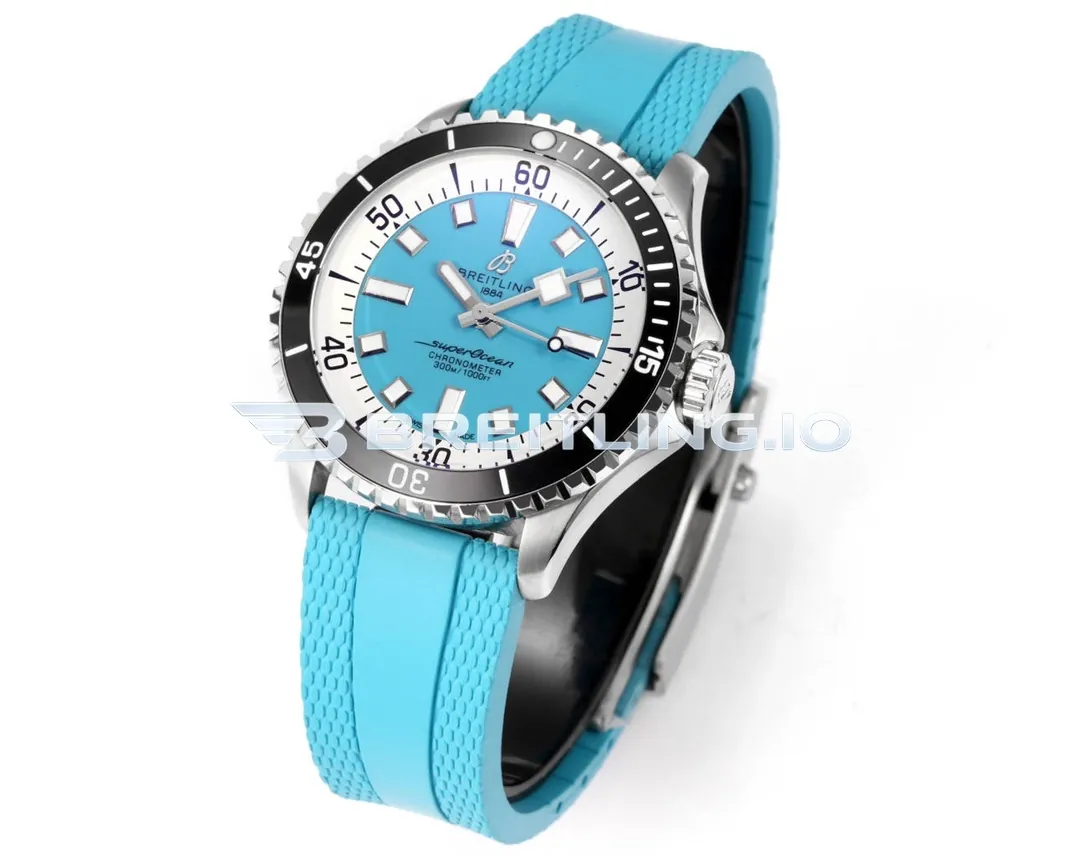 Breitling Superocean A17376211L2S2 44mm Bright Sky Blue Dial White Inner Minute Track Gloss Black Ceramic Bezel Replica Side View
