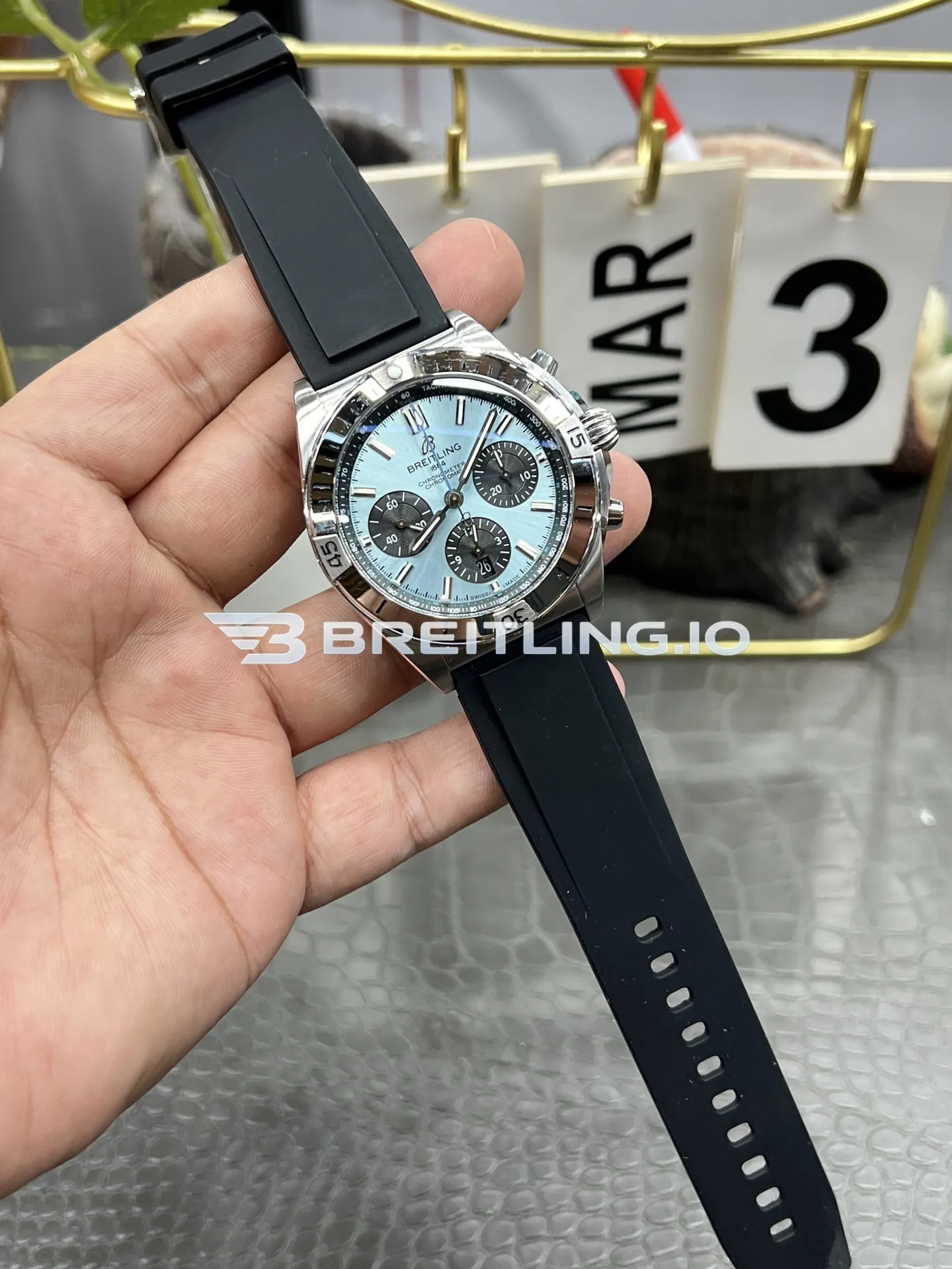 Breitling Chronomat PB0134101C1S1 42mm Ice Blue Sunburst Chronograph Dial Polished Platinum Bezel Replica Side View