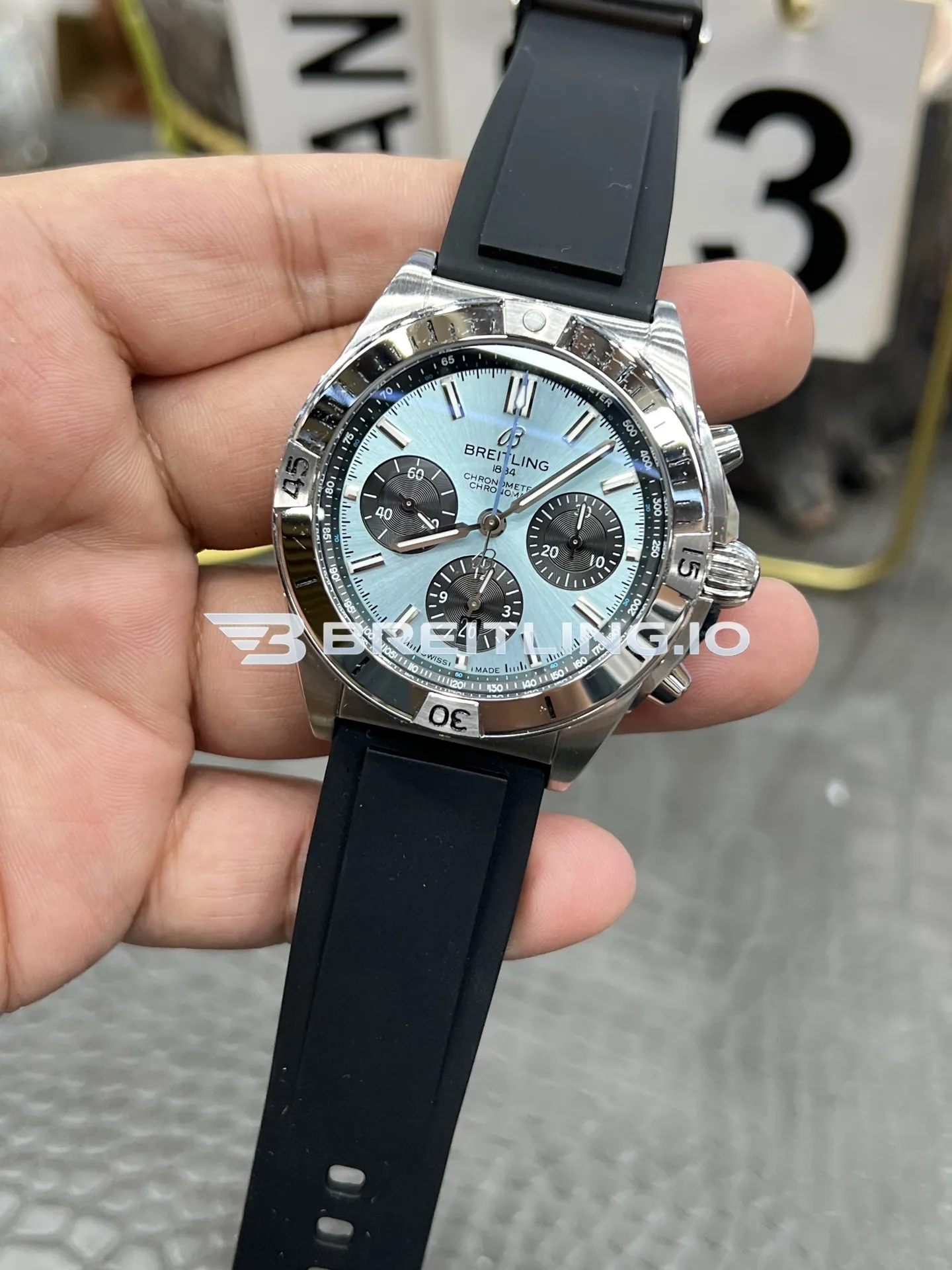 Breitling Chronomat PB0134101C1S1 42mm Ice Blue Sunburst Chronograph Dial Polished Platinum Bezel Replica Dial Detail 2