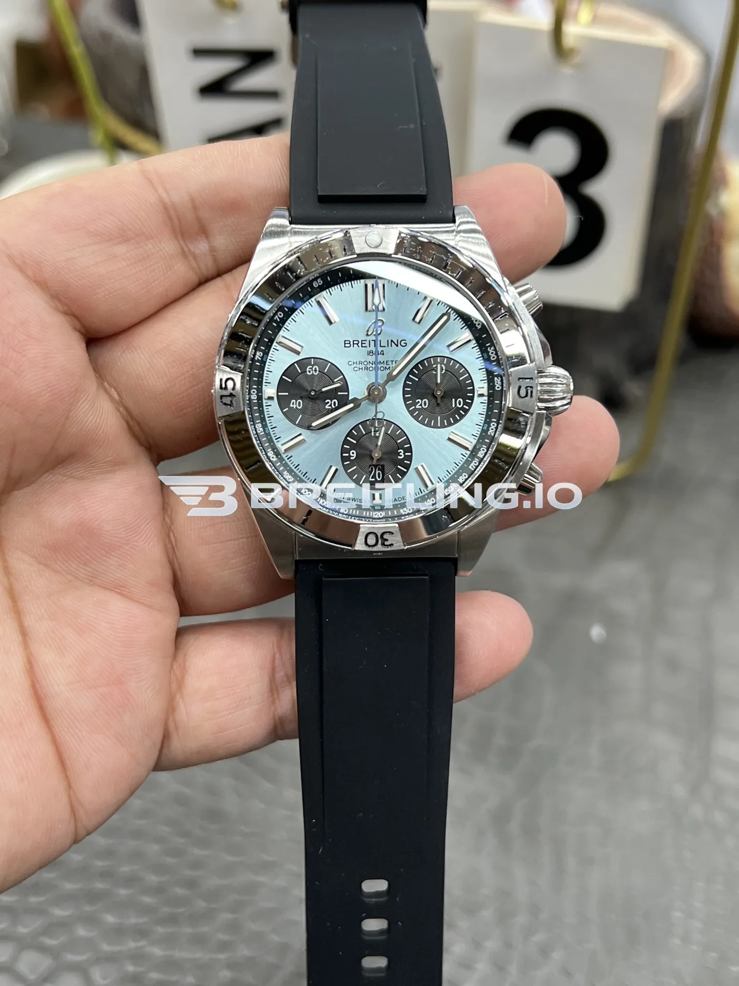 Breitling Chronomat PB0134101C1S1 42mm Ice Blue Sunburst Chronograph Dial Polished Platinum Bezel Replica Front View