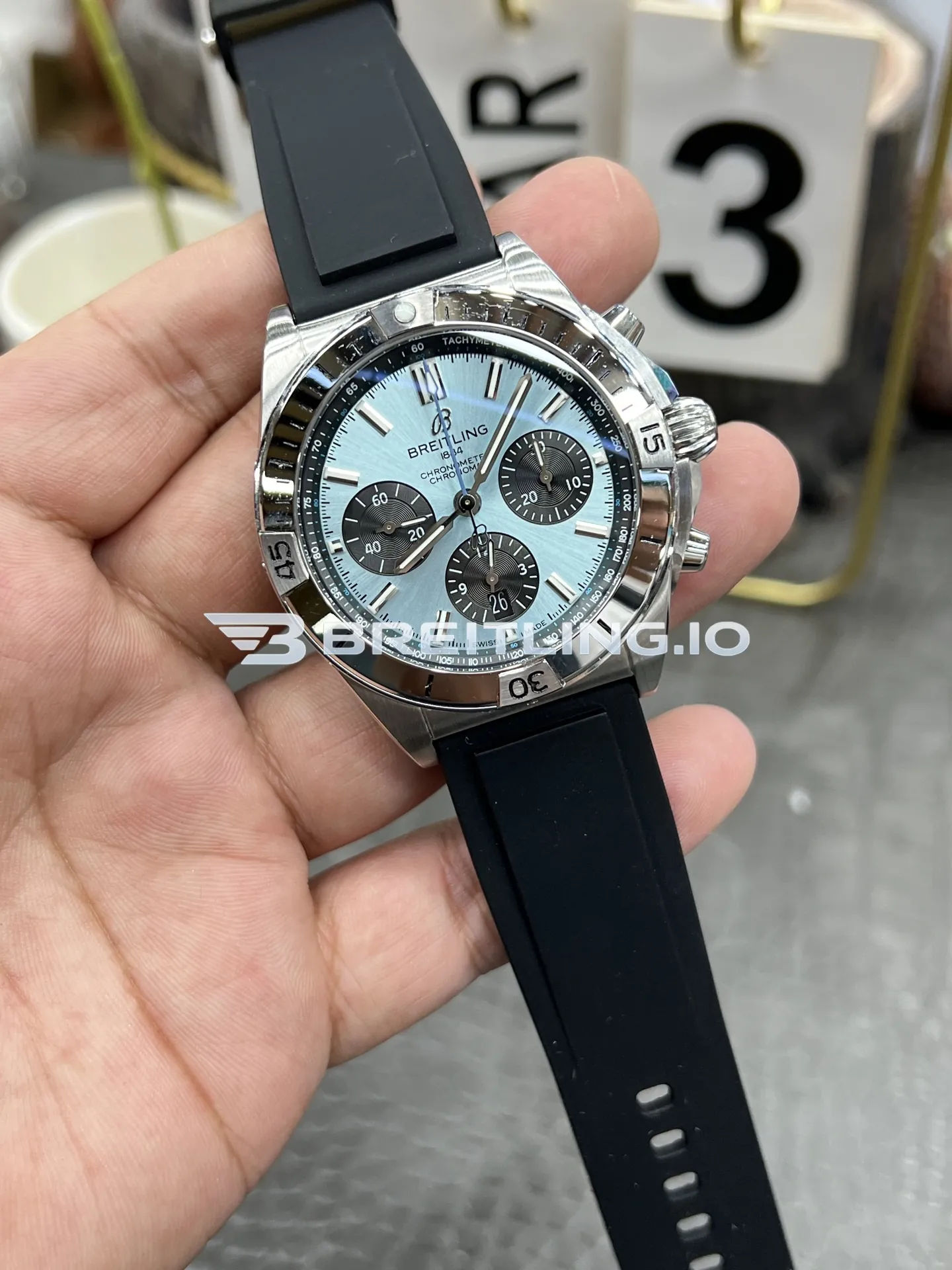 Breitling Chronomat PB0134101C1S1 42mm Ice Blue Sunburst Chronograph Dial Polished Platinum Bezel Replica Dial Detail 1