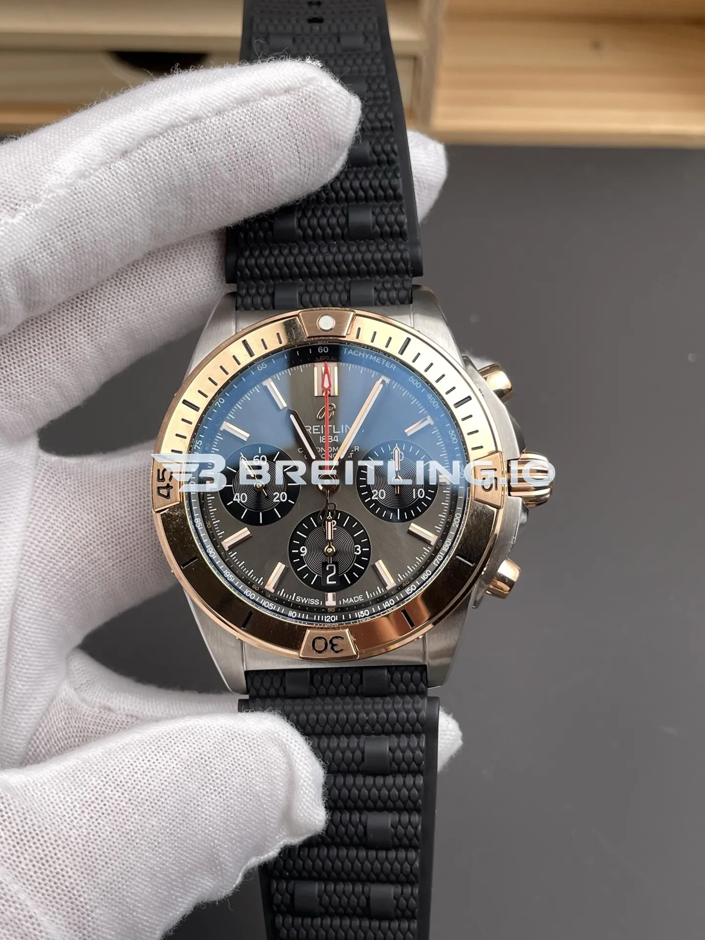 Breitling Chronomat B01 42 UB0134101B1S1 Grey Sunburst Chronograph Dial Two-Tone Rose Gold Stainless Steel Bezel Replica Front View