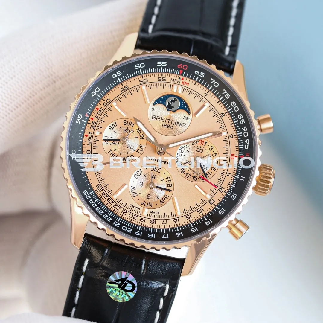 Breitling Navitimer RB19101A1H1P1 43mm Rose Gold Perpetual Calendar Moonphase Dial Solid 18K Rose Gold Case Replica Side View 2