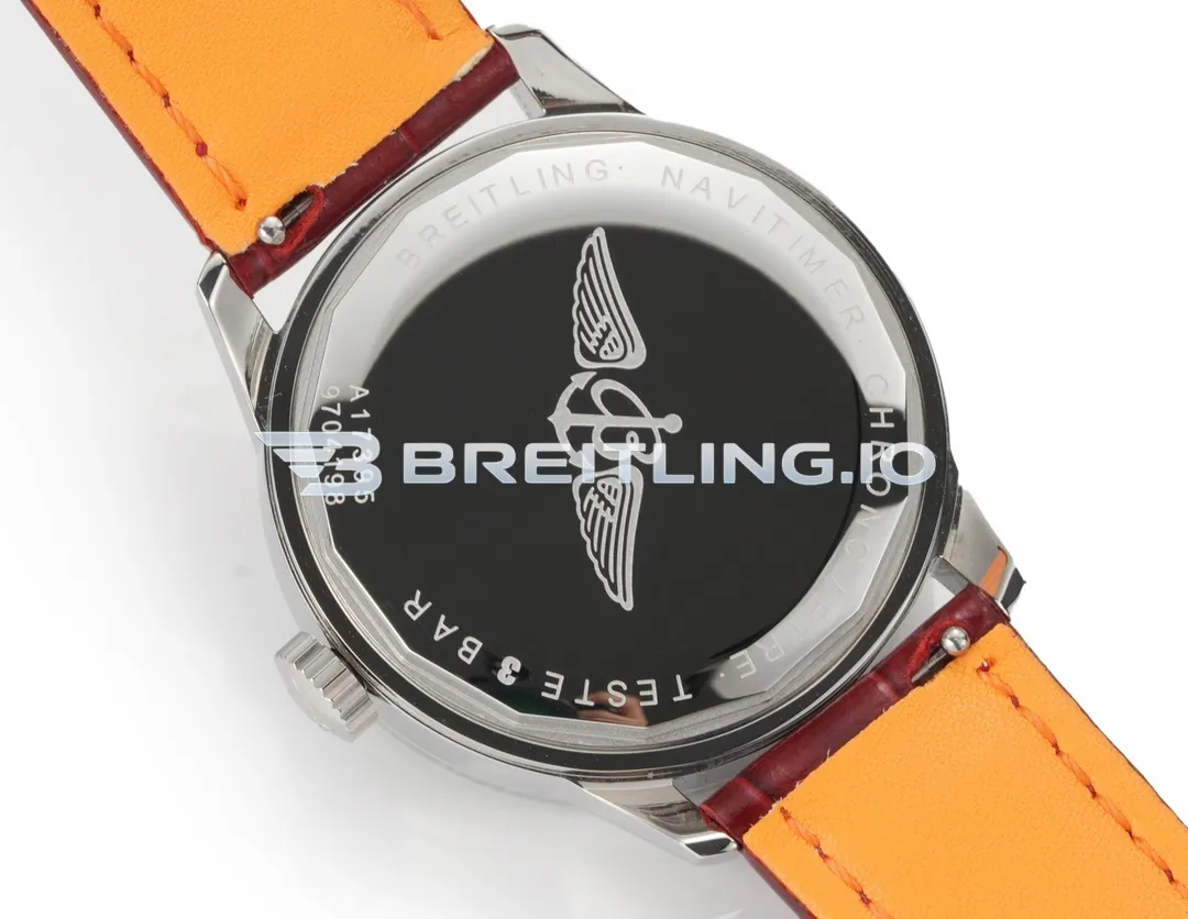 Breitling Navitimer A17327211G1P1 36mm Silver Sunburst No-Date Dial Stainless Steel Beaded Fluted Flight Slide Rule Bezel Replica Back View