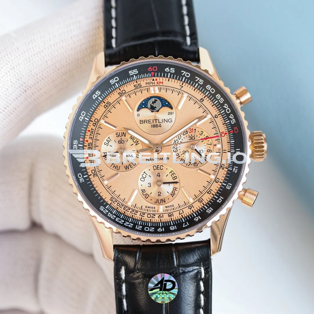 Breitling Navitimer RB19101A1H1P1 43mm Rose Gold Perpetual Calendar Moonphase Dial Solid 18K Rose Gold Case Replica Front View