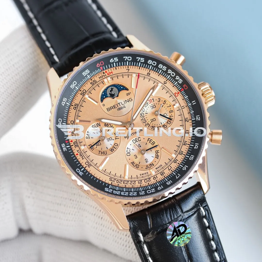 Breitling Navitimer RB19101A1H1P1 43mm Rose Gold Perpetual Calendar Moonphase Dial Solid 18K Rose Gold Case Replica Side View 1